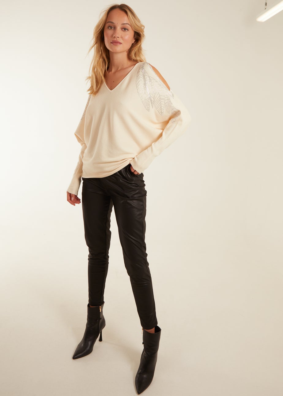Blue Vanilla Stone Diamante Leaf Shoulder Batwing Jumper