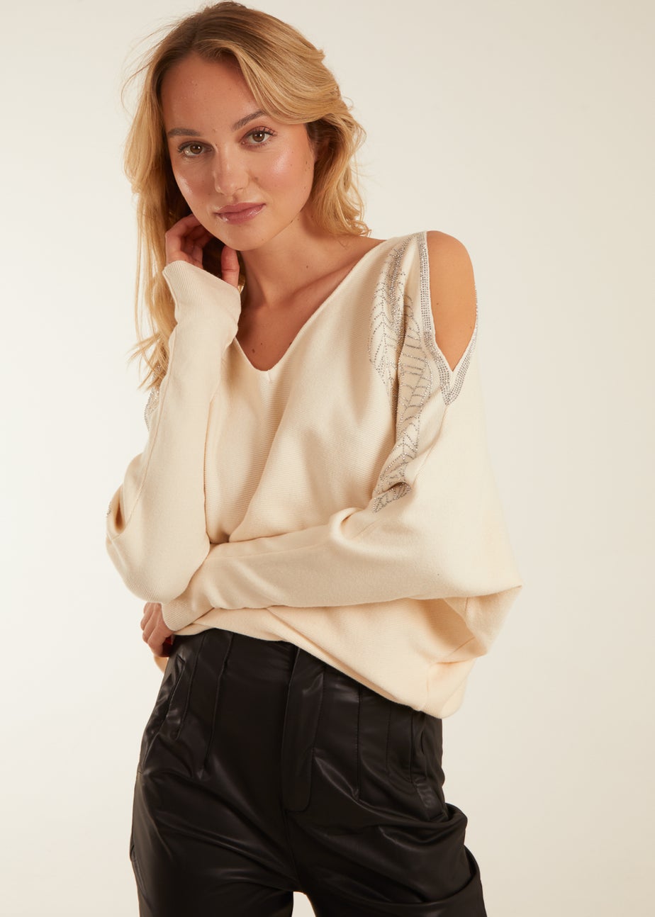 Blue Vanilla Stone Diamante Leaf Shoulder Batwing Jumper