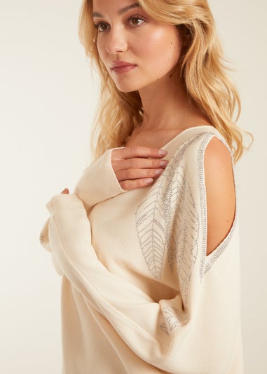 Blue Vanilla Stone Diamante Leaf Shoulder Batwing Jumper