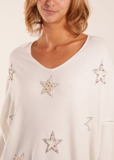 Blue Vanilla Ivory Diamante Pearl Star Jumper