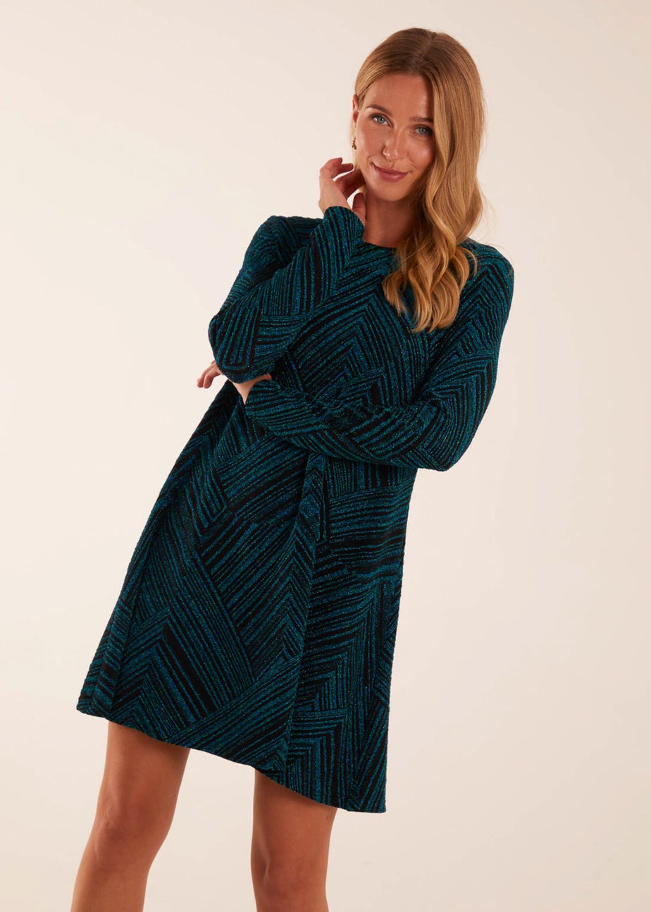 Blue Vanilla Teal Stripe Glittery Long Sleeve Shift Mini Dress