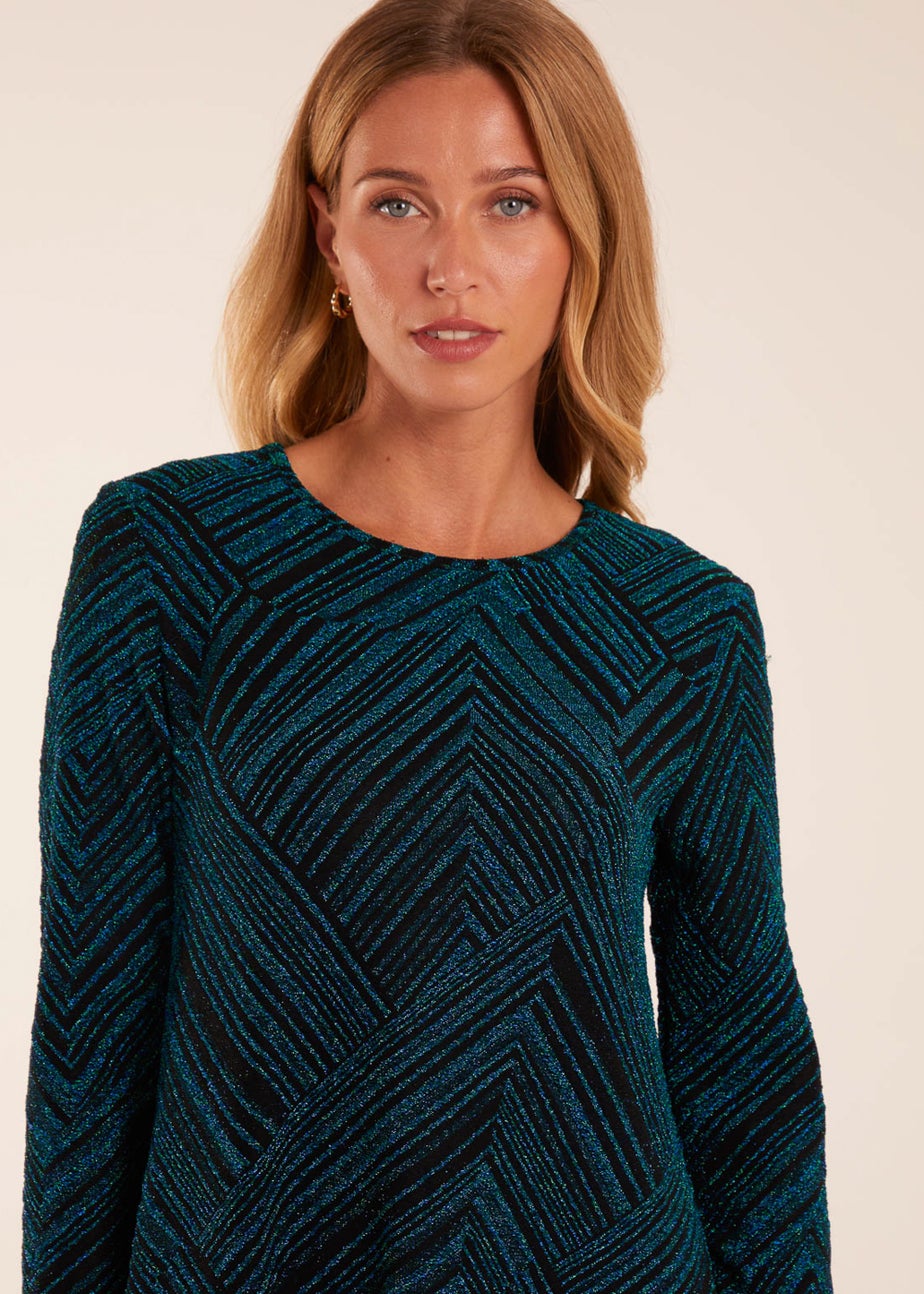 Blue Vanilla Teal Stripe Glittery Long Sleeve Shift Mini Dress