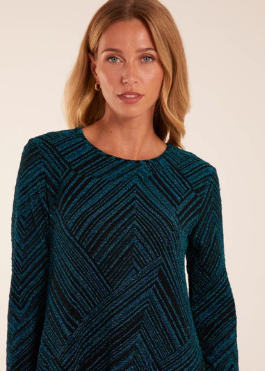 Blue Vanilla Teal Stripe Glittery Long Sleeve Shift Mini Dress