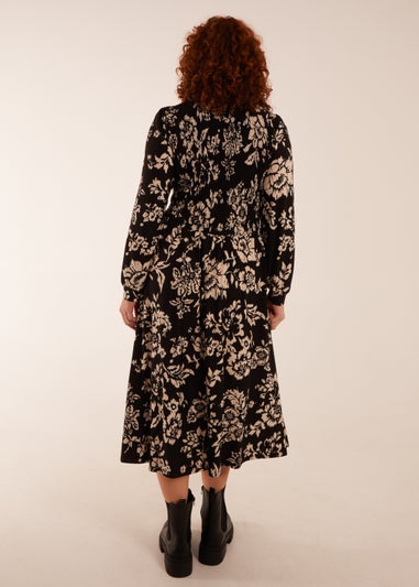 Blue Vanilla Black Curve Shirred Bust Long Sleeve Midi Shirred Dress