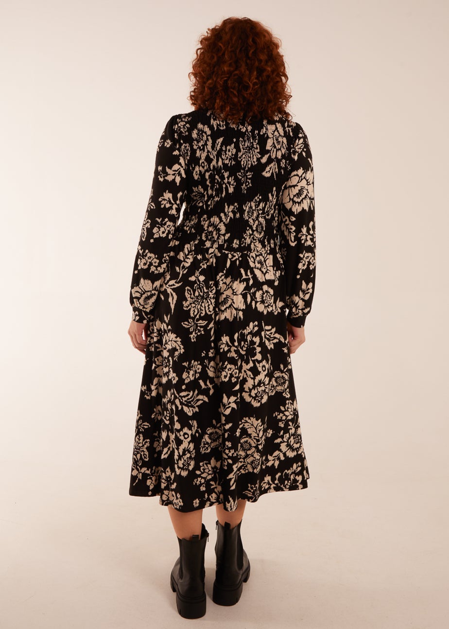 Blue Vanilla Black Curve Shirred Bust Long Sleeve Midi Shirred Dress