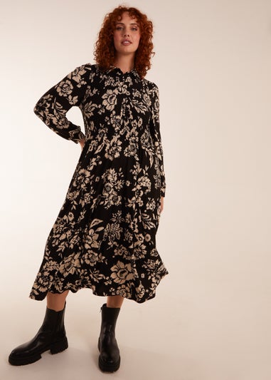 Blue Vanilla Black Curve Shirred Bust Long Sleeve Midi Shirred Dress