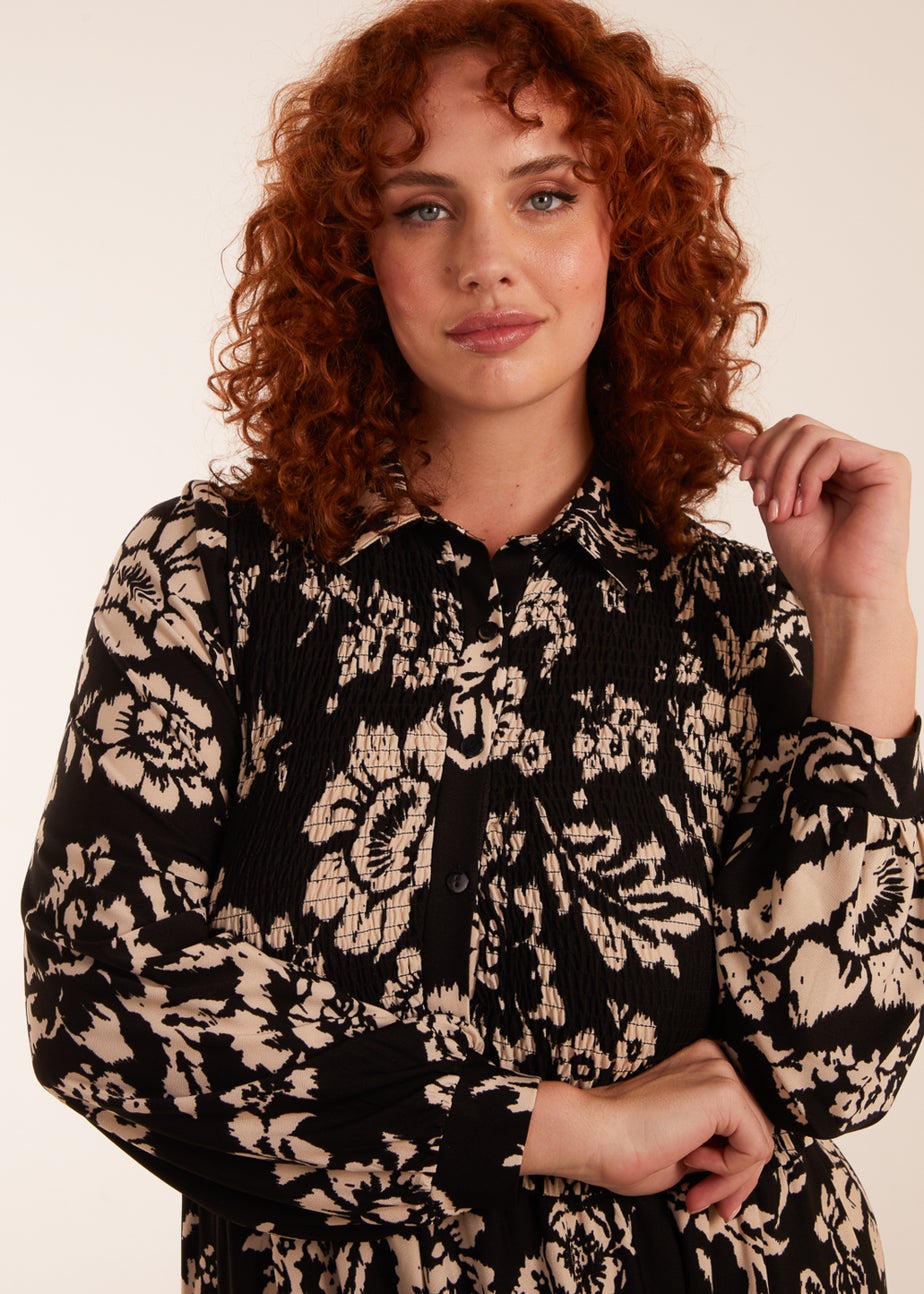 Blue Vanilla Black Curve Shirred Bust Long Sleeve Midi Shirred Dress