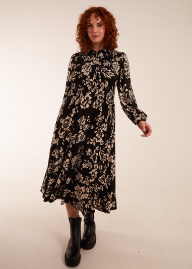 Blue Vanilla Black Curve Shirred Bust Long Sleeve Midi Shirred Dress