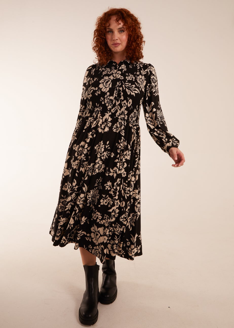 Blue Vanilla Black Curve Shirred Bust Long Sleeve Midi Shirred Dress