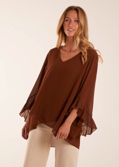 Blue Vanilla Chocolate Frill Sleeve V Neck Blouse