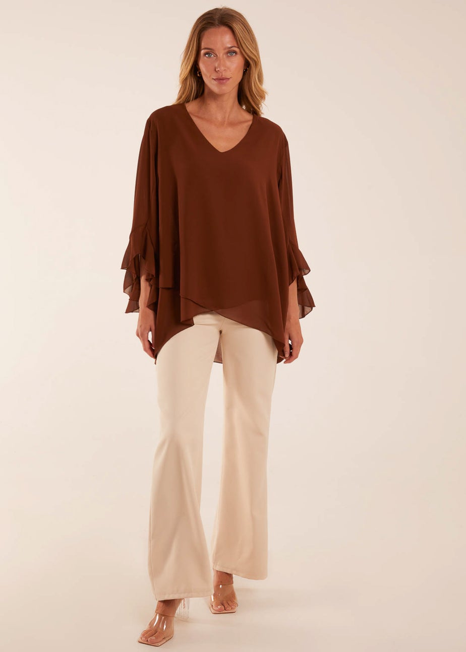 Blue Vanilla Chocolate Frill Sleeve V Neck Blouse