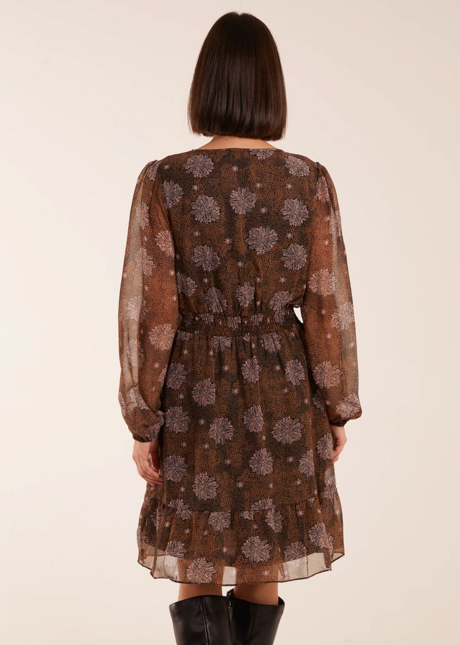 Blue Vanilla Brown Pattern Shirred Mini Dress