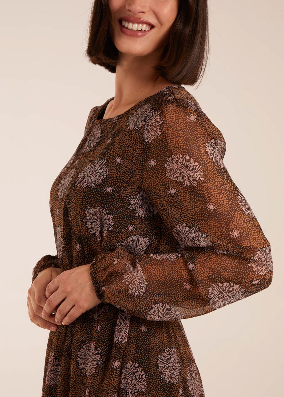 Blue Vanilla Brown Pattern Shirred Mini Dress