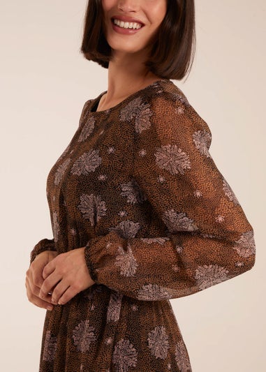 Blue Vanilla Brown Pattern Shirred Mini Dress