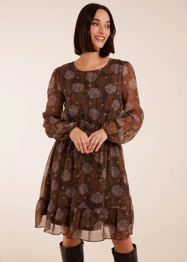 Blue Vanilla Brown Pattern Shirred Mini Dress