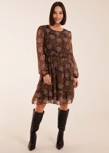 Blue Vanilla Brown Pattern Shirred Mini Dress