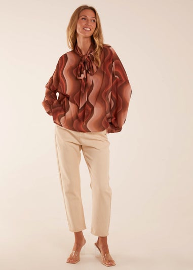 Blue Vanilla Brown Chiffon Swirl Print Blouse