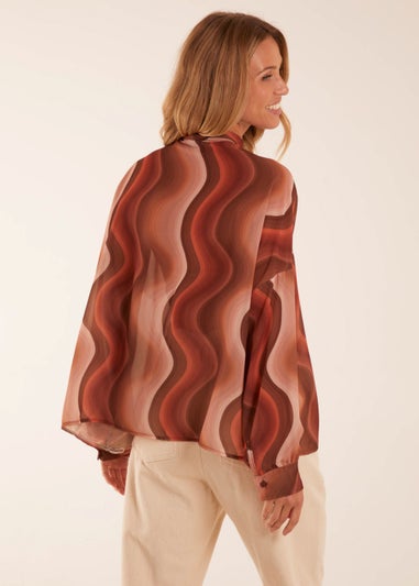 Blue Vanilla Brown Chiffon Swirl Print Blouse