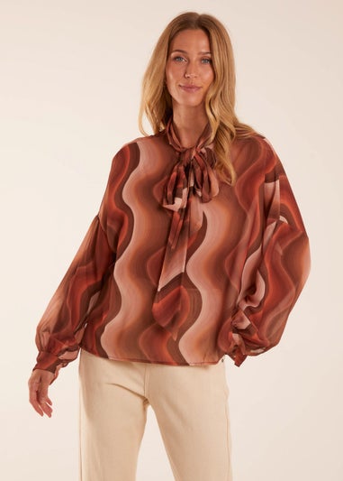 Blue Vanilla Brown Chiffon Swirl Print Blouse
