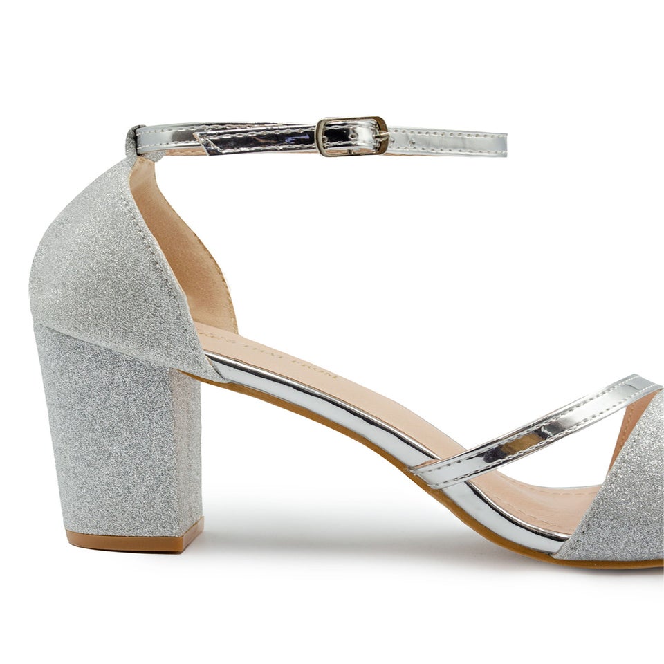 Where's That From Silver Glitter Perla Mid Block Heel Sandals