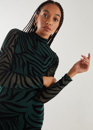 Pink Vanilla Bottle Green Flocked Zebra Long Sleeve Mini Dress