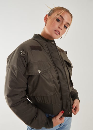 Pink Vanilla Khaki Utility Cargo Bomber Jacket