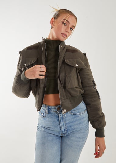 Pink Vanilla Khaki Utility Cargo Bomber Jacket