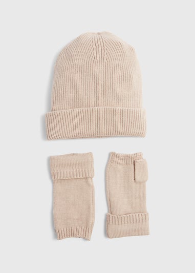 Oatmeal Ribbed Beanie & Fingerless Gloves Set