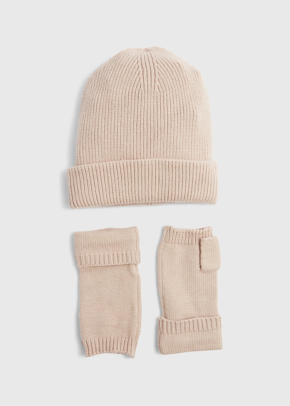 Oatmeal Ribbed Beanie & Fingerless Gloves Set