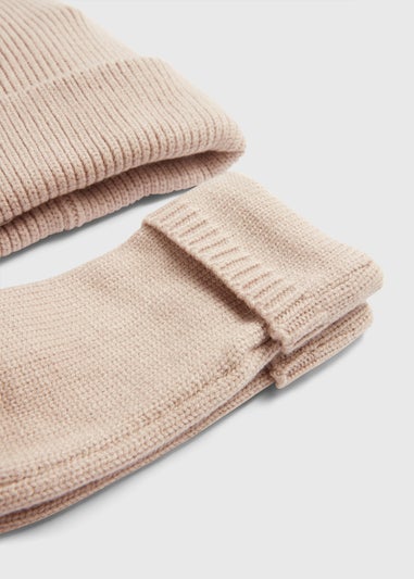 Oatmeal Ribbed Beanie & Fingerless Gloves Set