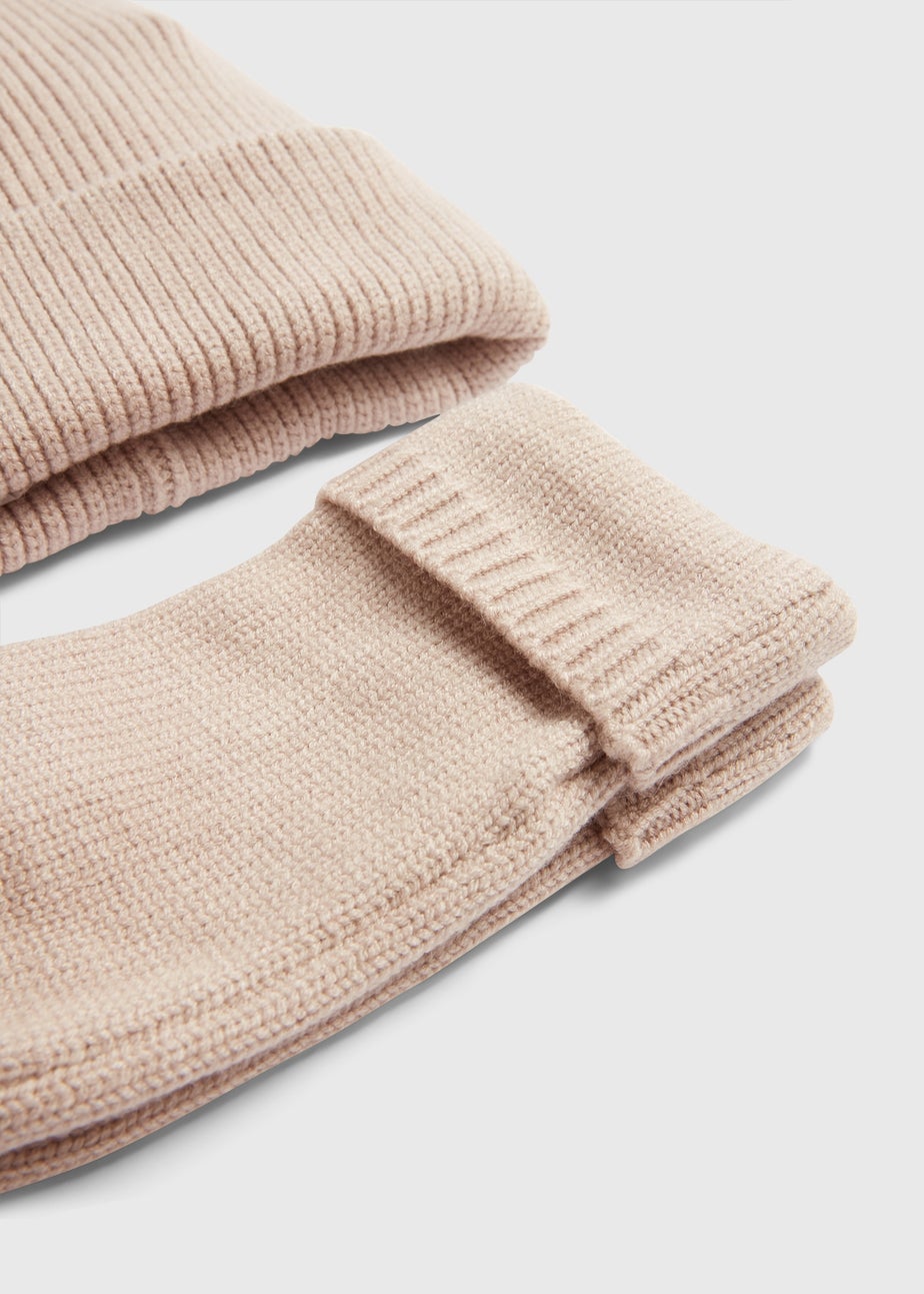 Oatmeal Ribbed Beanie & Fingerless Gloves Set