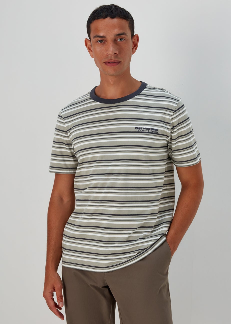 Navy & Green Stripe Free Your Mind Print T-Shirt