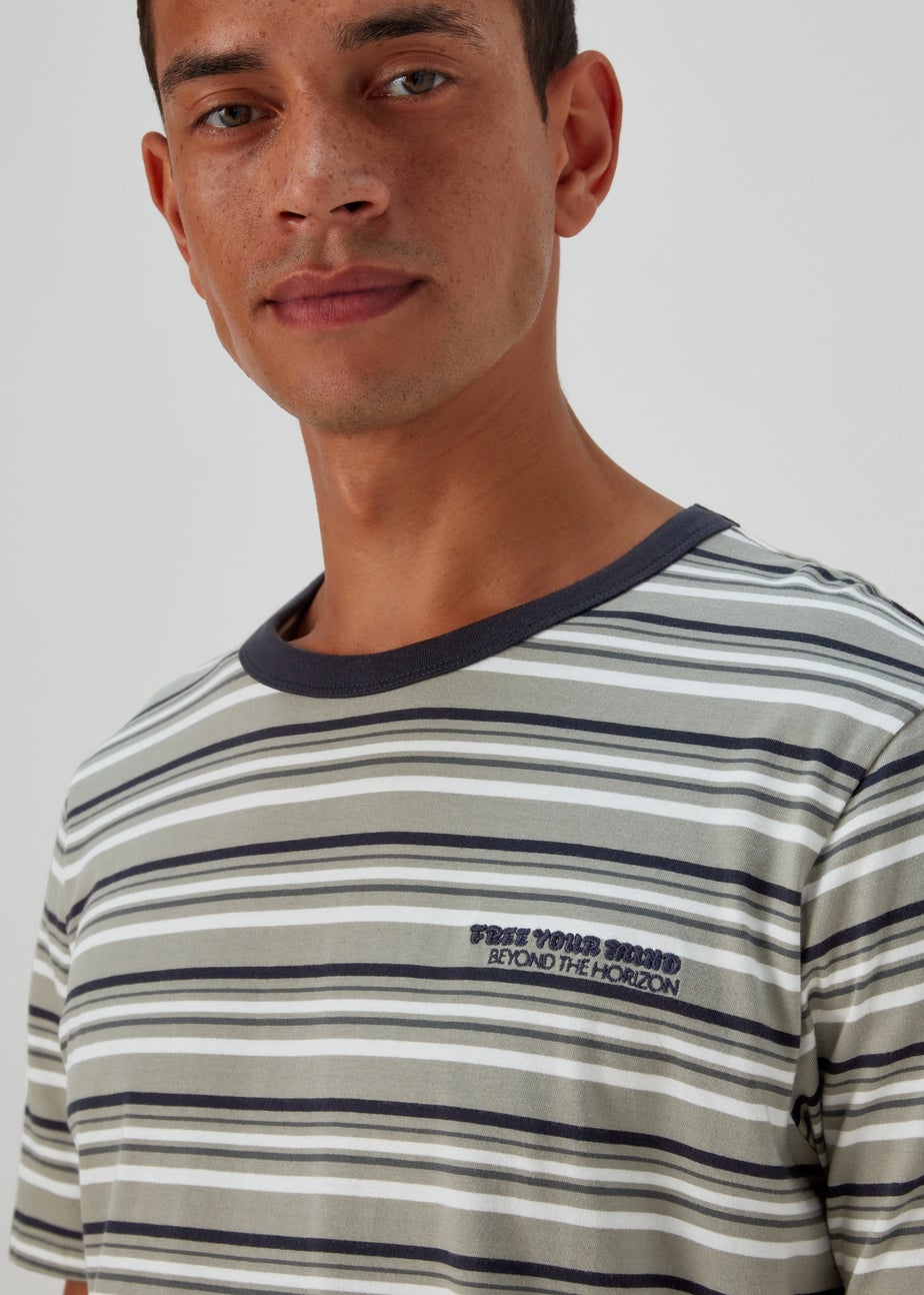 Navy & Green Stripe Free Your Mind Print T-Shirt