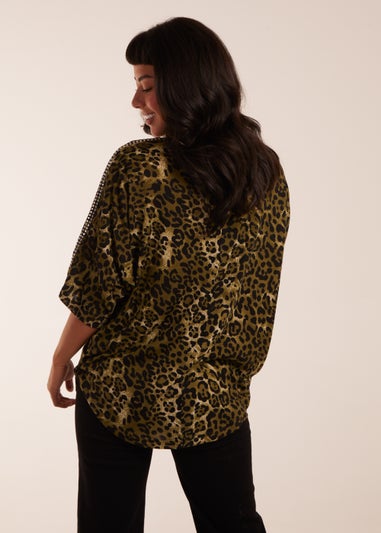 Blue Vanilla Khaki Leopard Zip Front Diamante Tunic Top