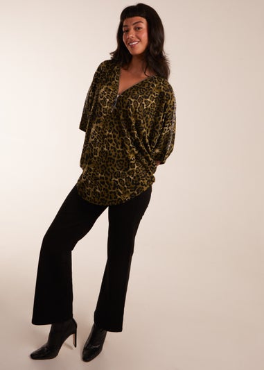 Blue Vanilla Khaki Leopard Zip Front Diamante Tunic Top