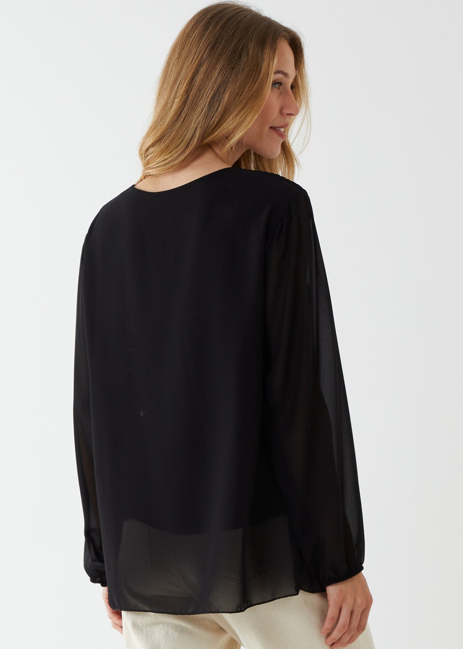 Blue Vanilla Black Long Sleeve Pleated Top