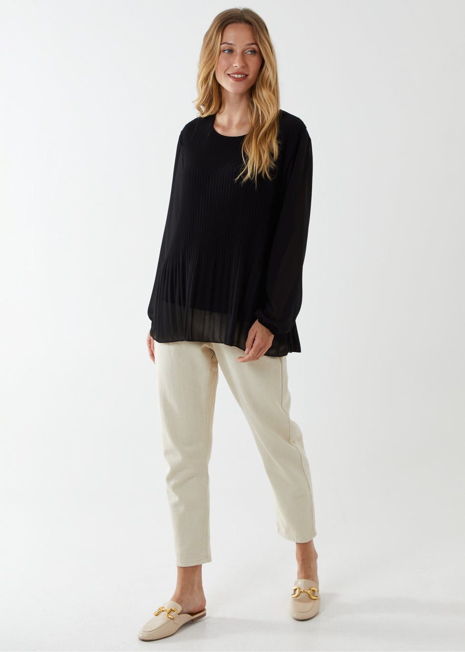 Blue Vanilla Black Long Sleeve Pleated Top