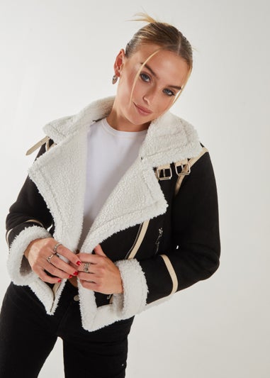 Pink Vanilla Black Faux Shearling Collar Zip Jacket