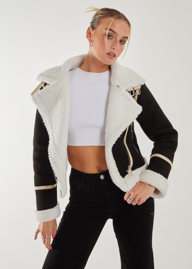 Pink Vanilla Black Faux Shearling Collar Zip Jacket
