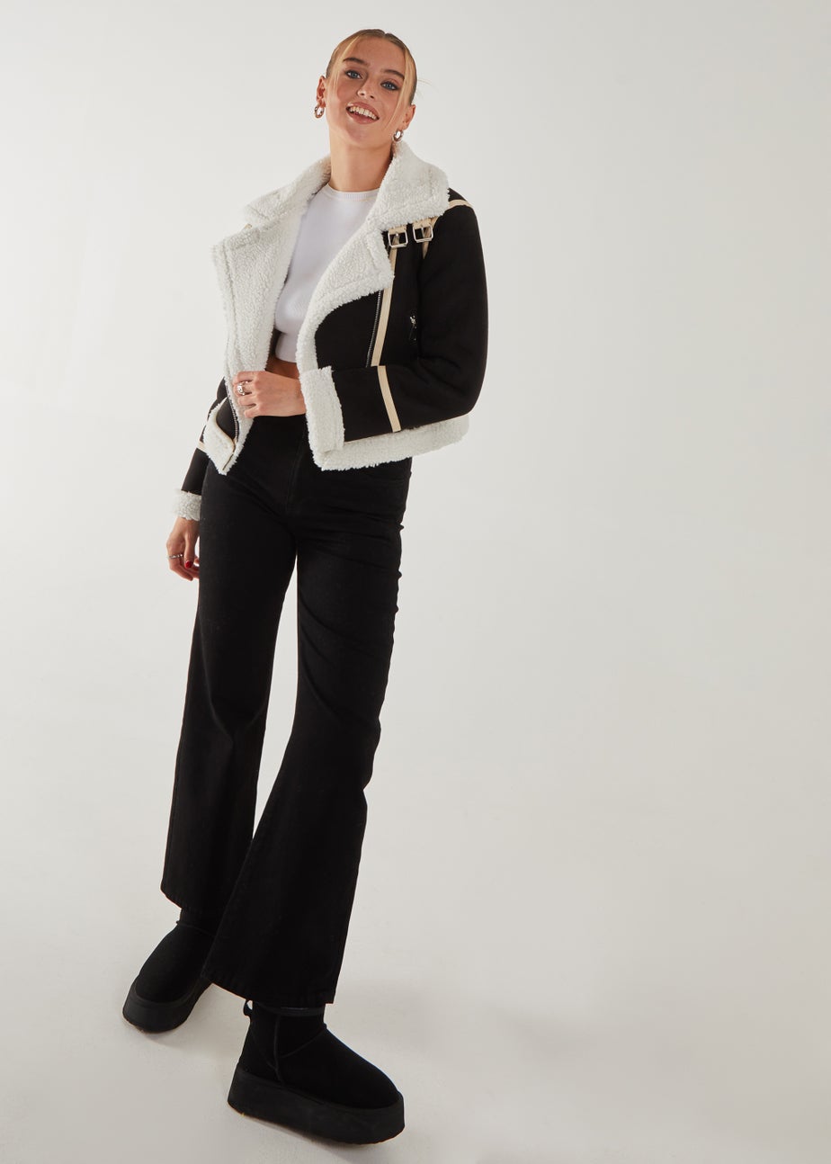 Pink Vanilla Black Faux Shearling Collar Zip Jacket