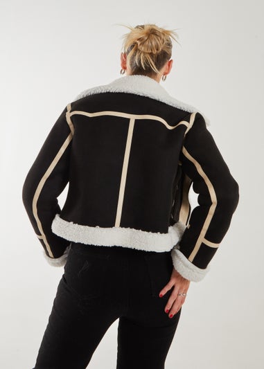 Pink Vanilla Black Faux Shearling Collar Zip Jacket