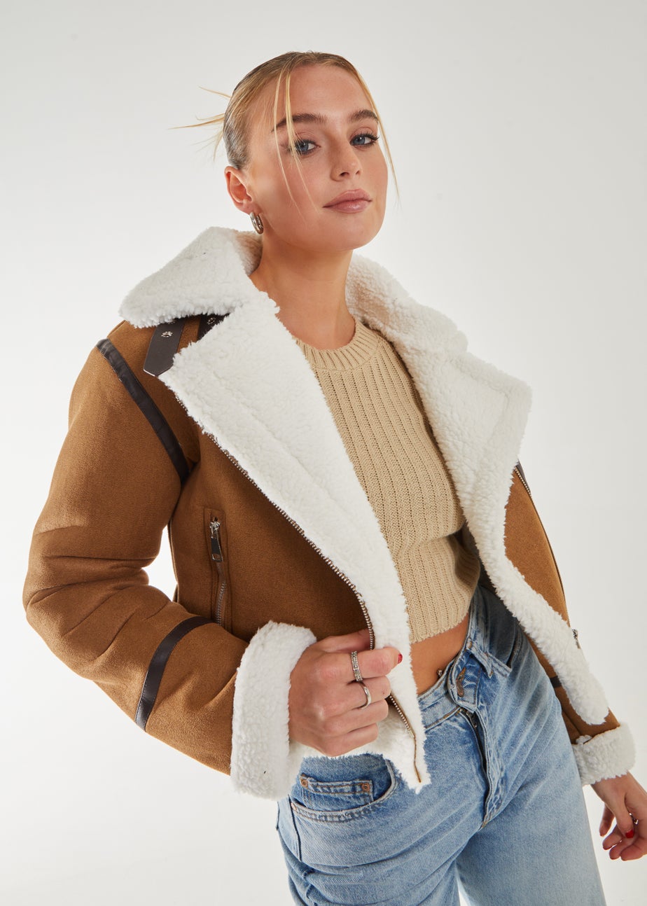 Pink Vanilla Tan Faux Shearling Collar Zip Jacket