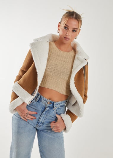 Pink Vanilla Tan Faux Shearling Collar Zip Jacket