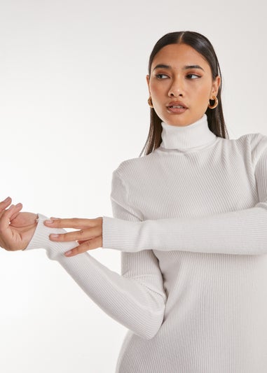 Pink Vanilla Ivory Ribbed Roll Neck Midi Dress