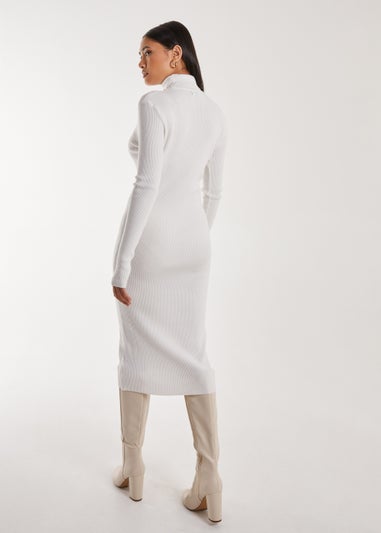 Pink Vanilla Ivory Ribbed Roll Neck Midi Dress