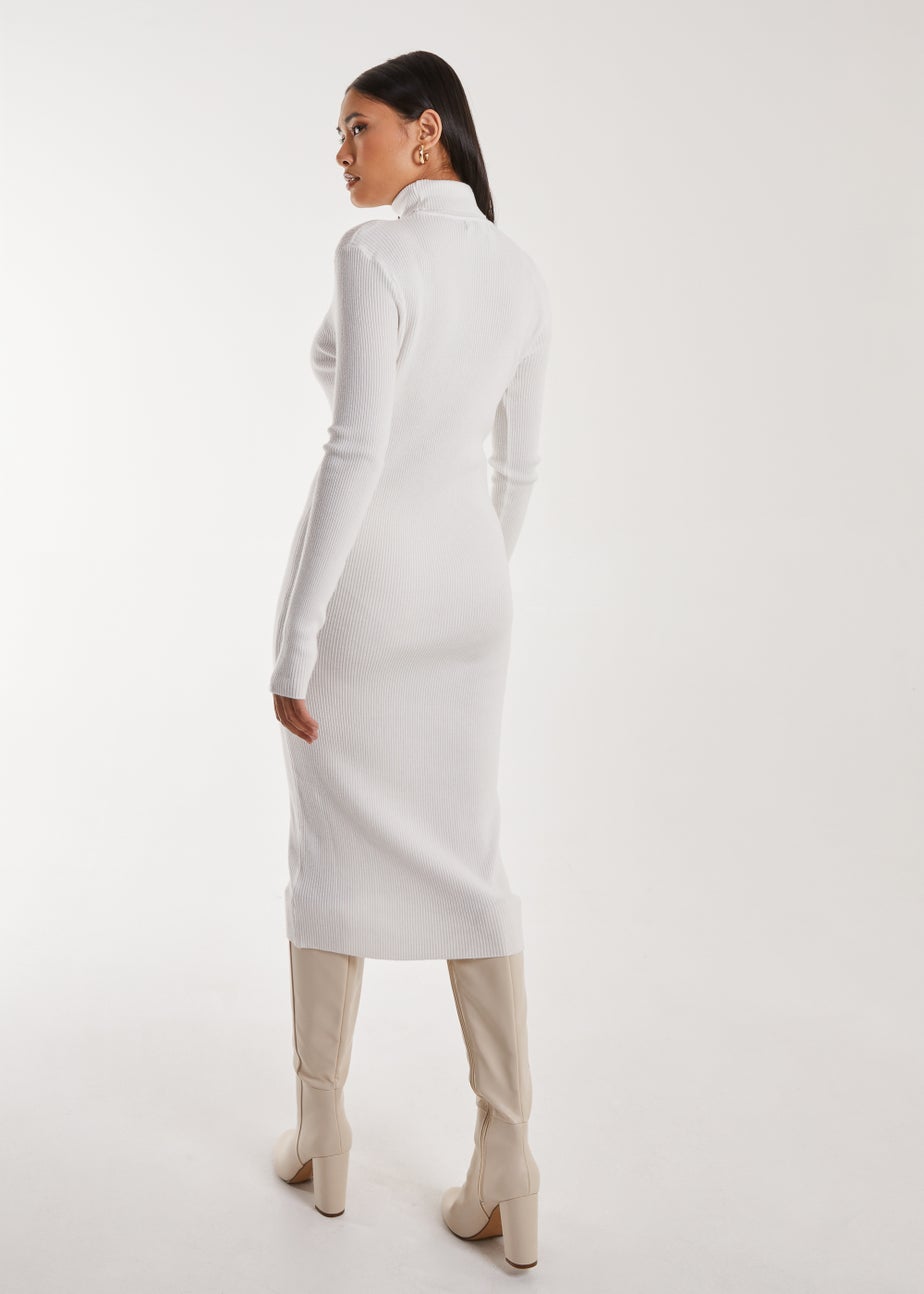 Pink Vanilla Ivory Ribbed Roll Neck Midi Dress