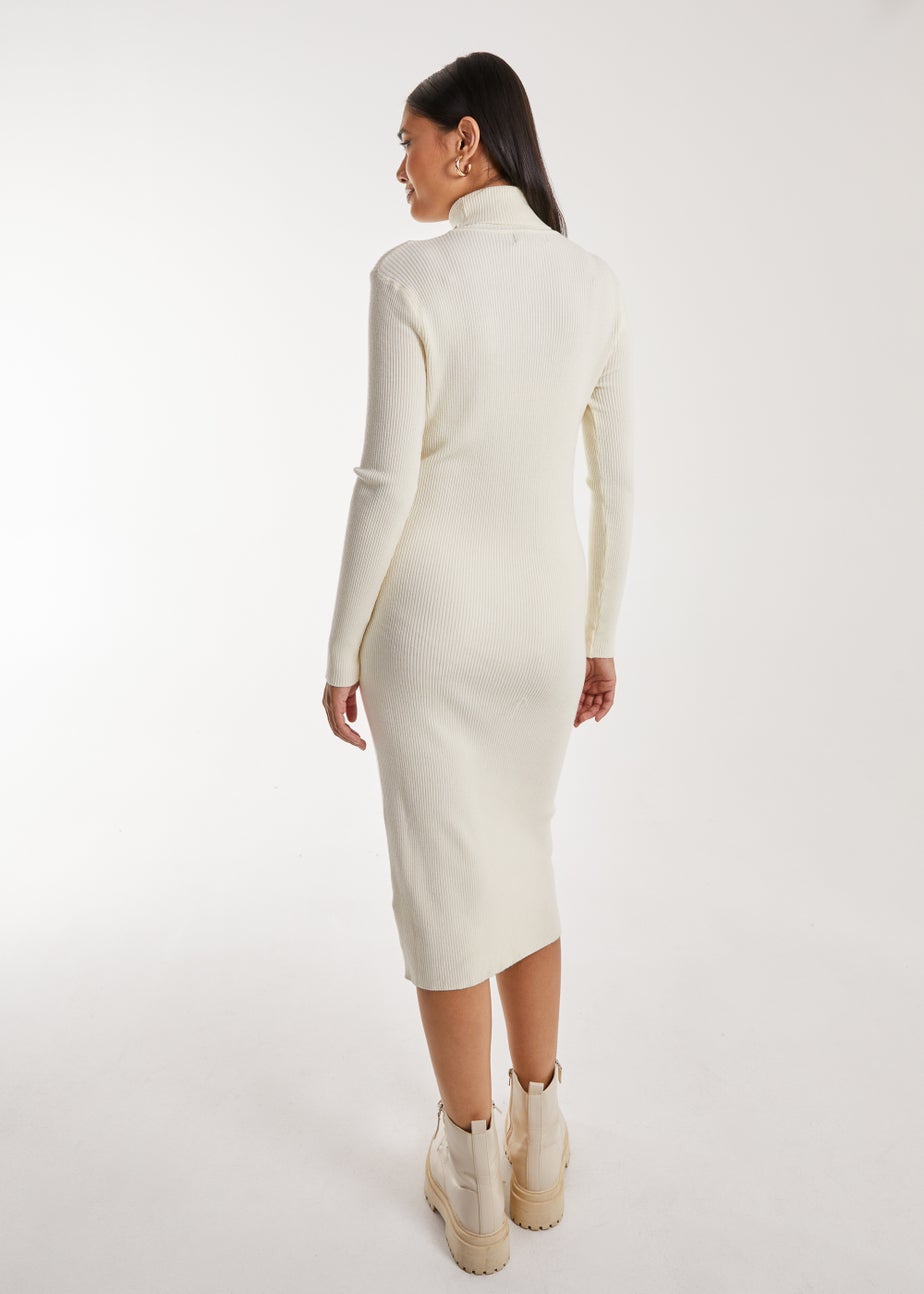 Pink Vanilla Stone Ribbed Roll Neck Midi Dress