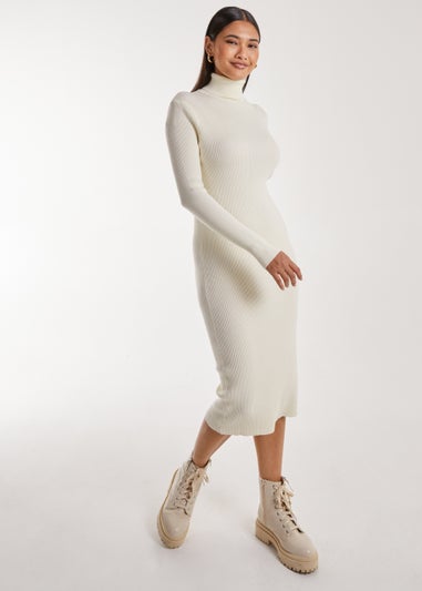 Pink Vanilla Stone Ribbed Roll Neck Midi Dress