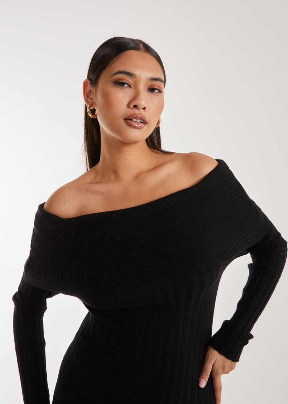 Pink Vanilla Black Bardot Ribbed Knit Midi Dress