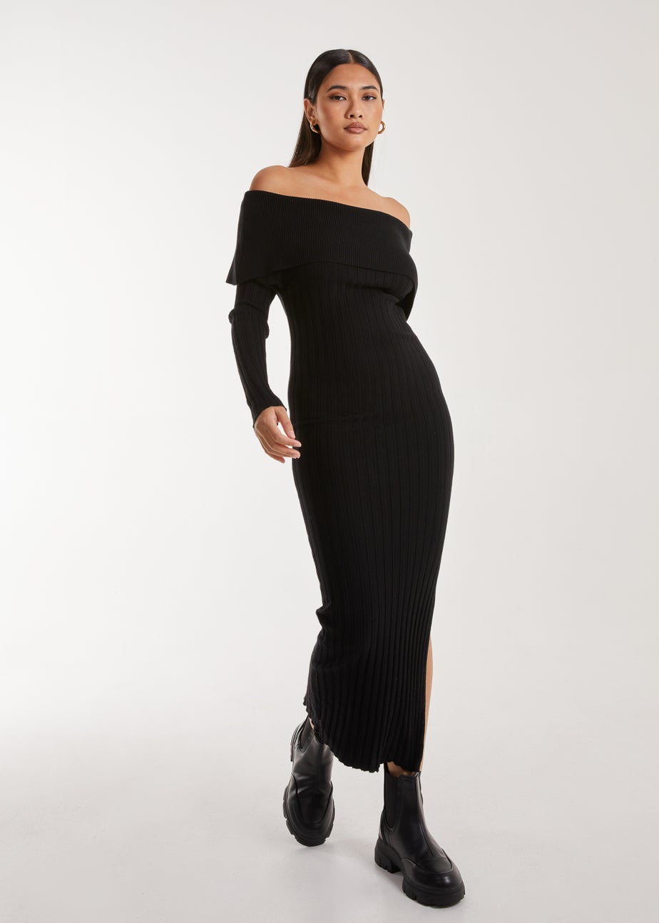 Pink Vanilla Black Bardot Ribbed Knit Midi Dress
